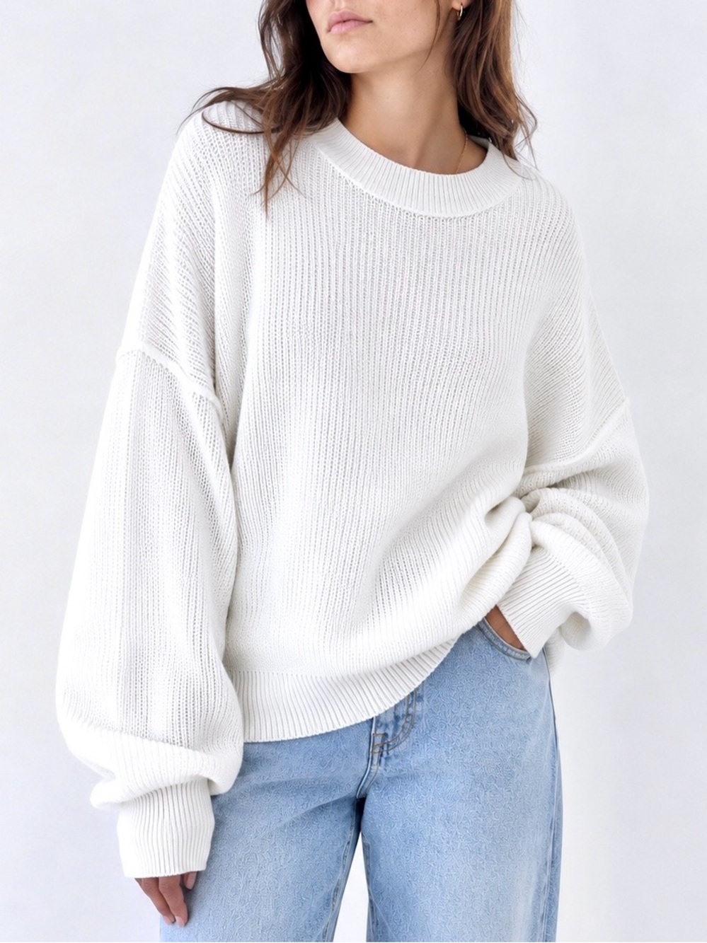 Aerie White Oversized Ribbed Cotton Sweater NWT M/L - Picture 1 of 9